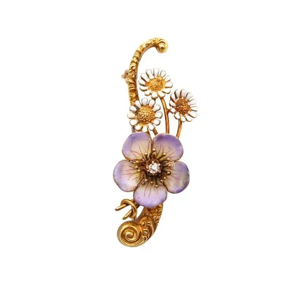 ART NOUVEAU 1900 Edwardian Enameled Flowers Brooch In 18Kt Diamond - Picture 1 of 8